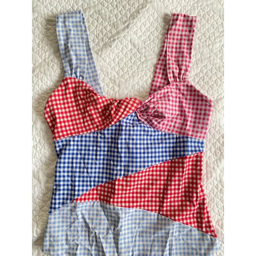 Marysia Sagaponack Multi Gingham Check Red Blue Twist Front One Piece Swimsuit - Picture 4 of 7